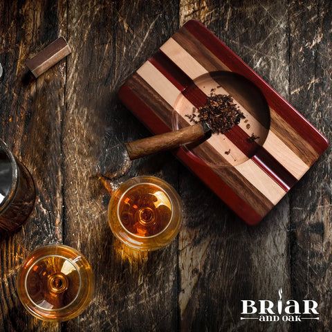 Briar & Oak Wood Cigar Ashtray w/ 2 Slot Cigar Holder - Cool Multi-Wood Tray