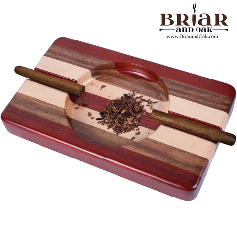 Briar & Oak Wood Cigar Ashtray w/ 2 Slot Cigar Holder - Cool Multi-Wood Tray